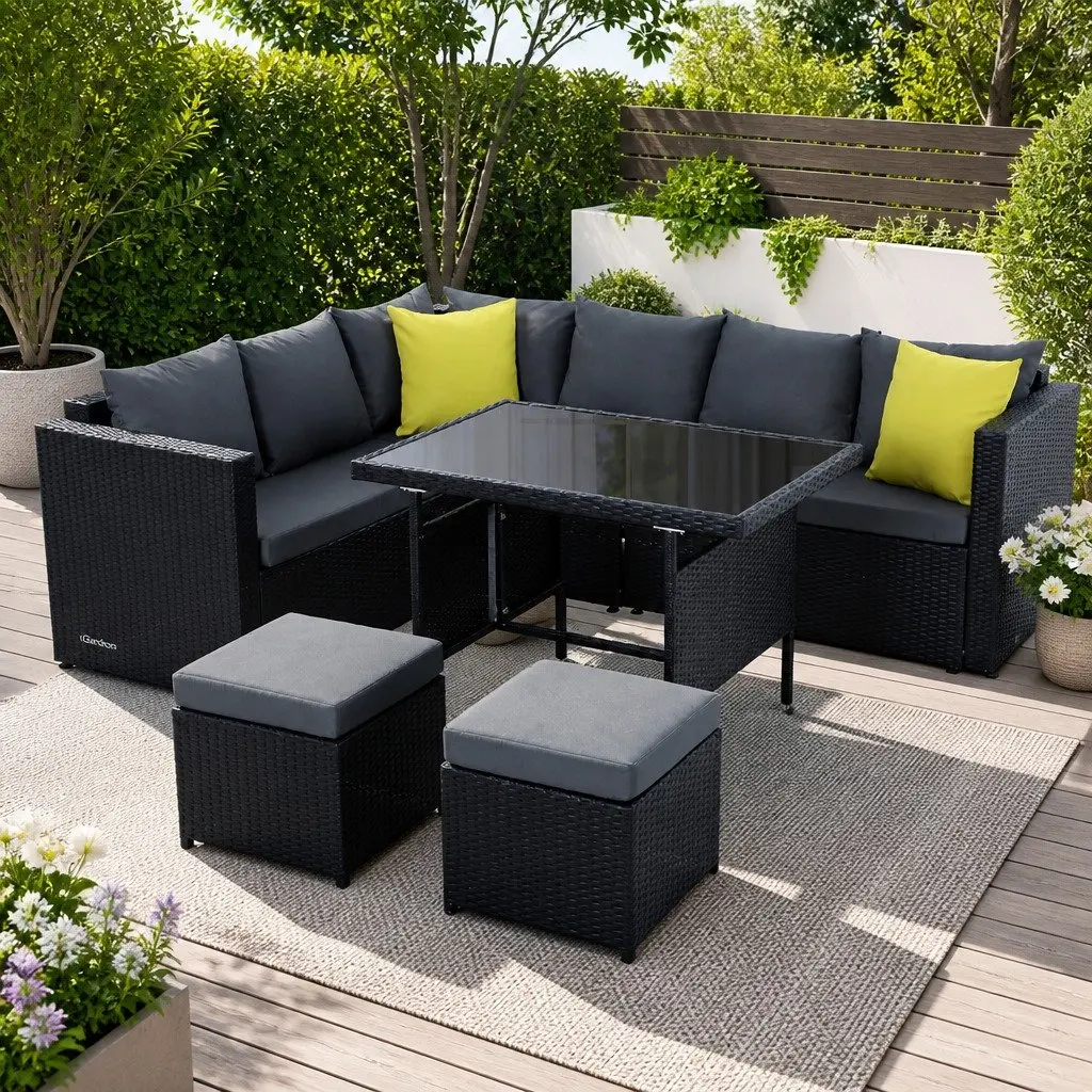 Outdoor Dining Sofa Set Modular Seating Black Wicker Aluminum Frame 9 Piece