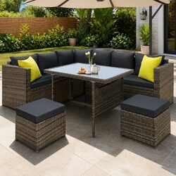 Outdoor Dining Set: Grey Wicker Sofa with Aluminum Frame