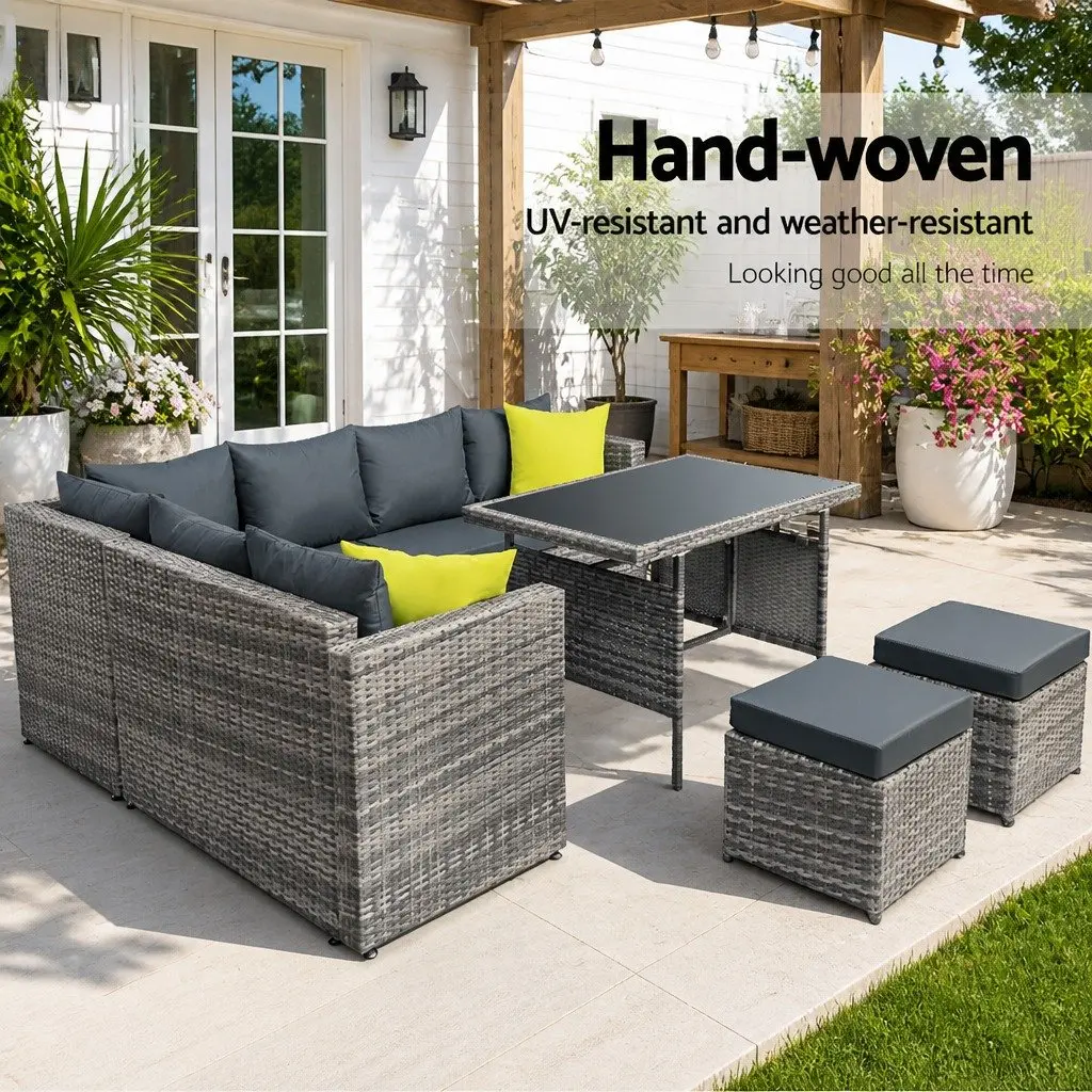 Outdoor Dining Sofa Set Grey Wicker Aluminum Frame Table Chairs Garden Furniture