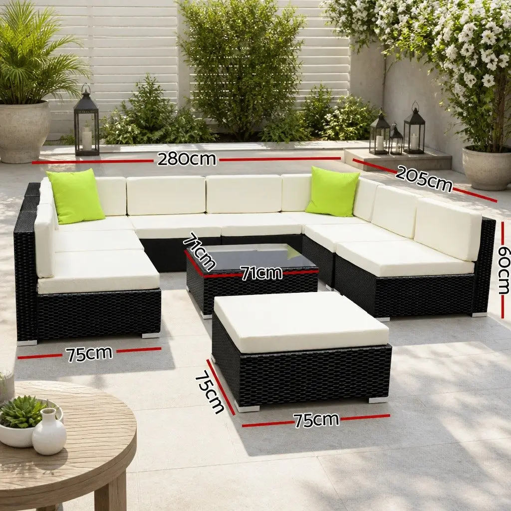 10 Piece Outdoor Wicker Sofa Lounge Setting for Garden Patio Black
