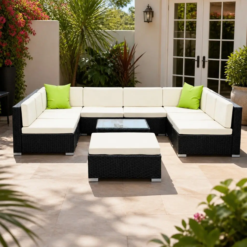 10 Piece Outdoor Lounge Sofa Set for Patio Garden Black Beige