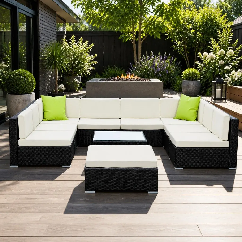 10 Piece Outdoor Lounge Sofa Set for Patio Garden Black Beige