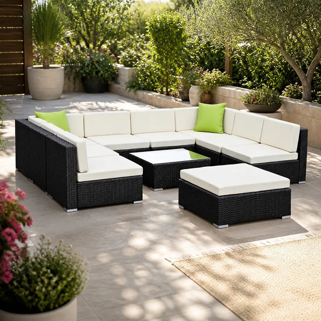 10 Piece Outdoor Lounge Sofa Set for Patio Garden Black Beige
