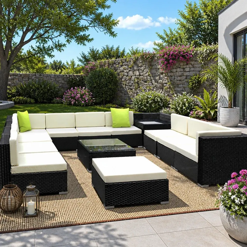 13 Piece Modular Outdoor Lounge Set Wicker Sofa Armchair Corner Table Black Beige Lime Green