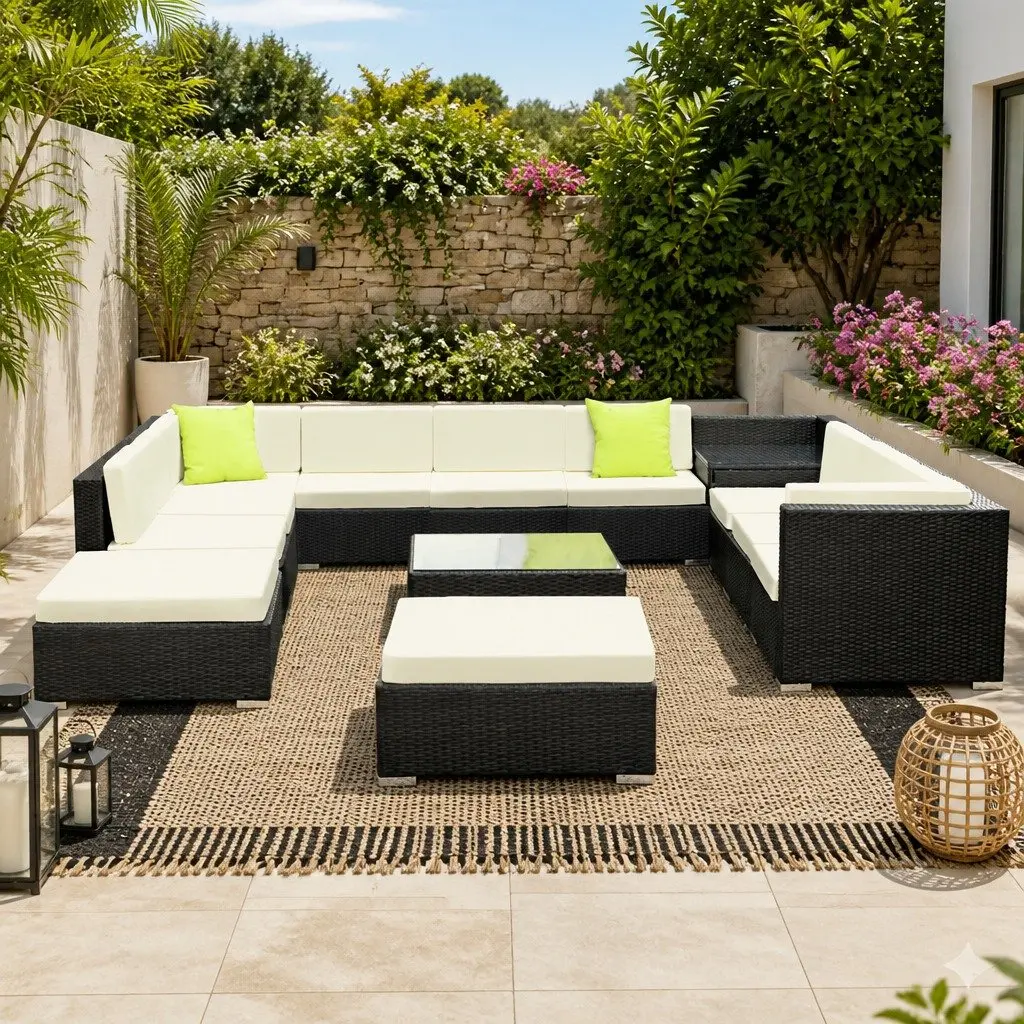 13 Piece Modular Outdoor Lounge Set Wicker Sofa Armchair Corner Table Black Beige Lime Green
