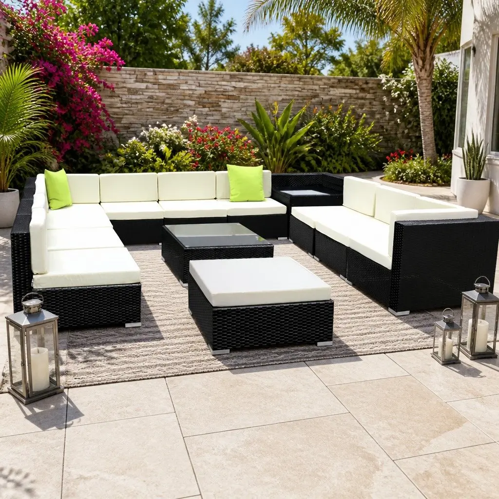 13 Piece Modular Outdoor Lounge Set Wicker Sofa Armchair Corner Table Black Beige Lime Green