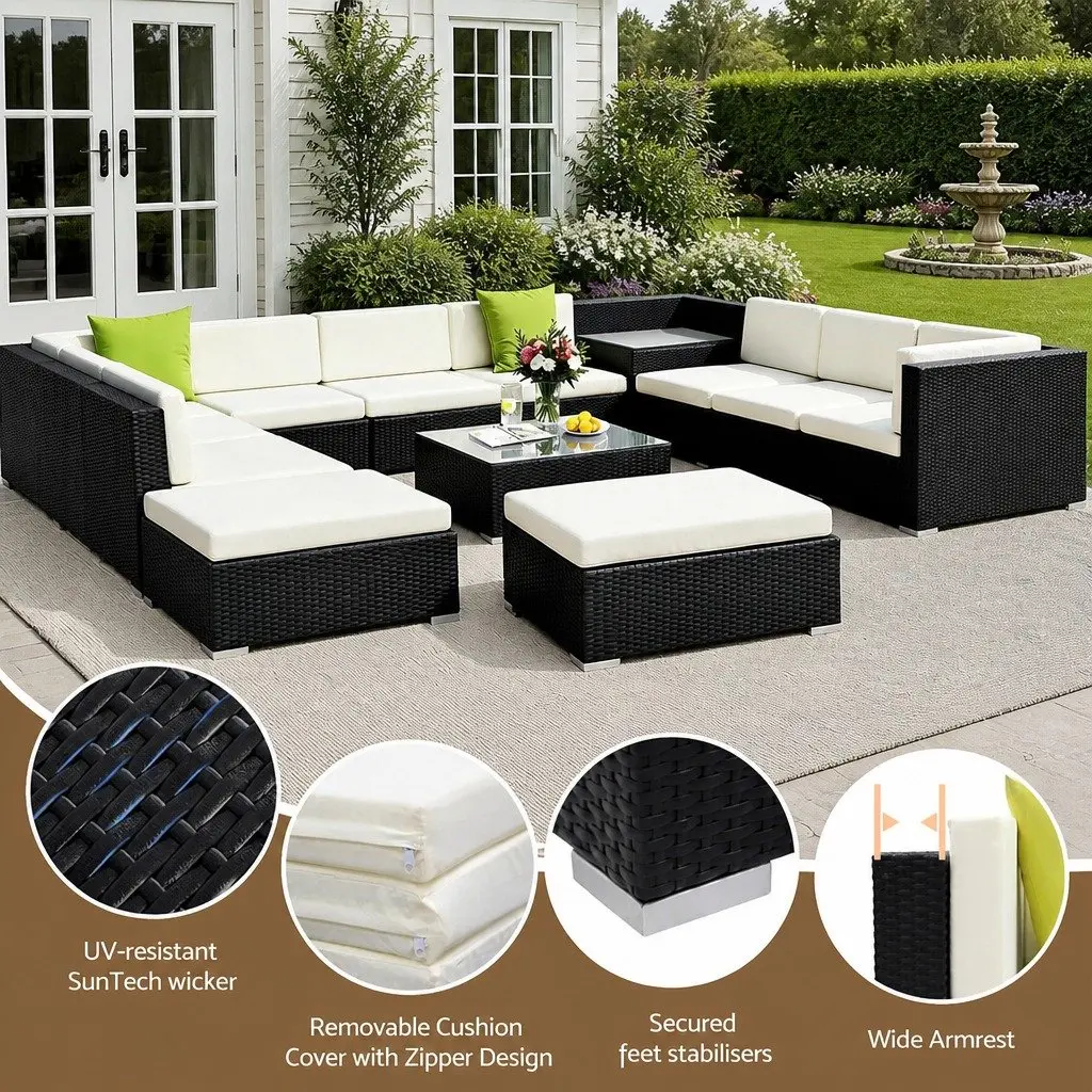 Wicker Lounge Set 13 Piece Outdoor Armchairs Corner Table Cushions
