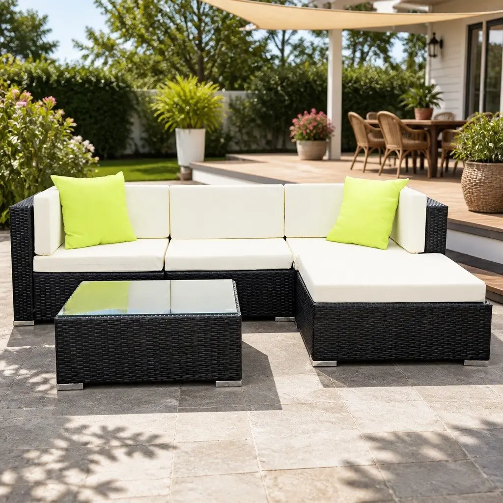 5 Piece Outdoor Sofa Set Wicker Lounge Couch Garden Furniture Black