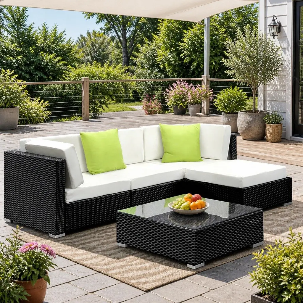5 Piece Outdoor Sofa Set Wicker Lounge Couch Garden Furniture Black