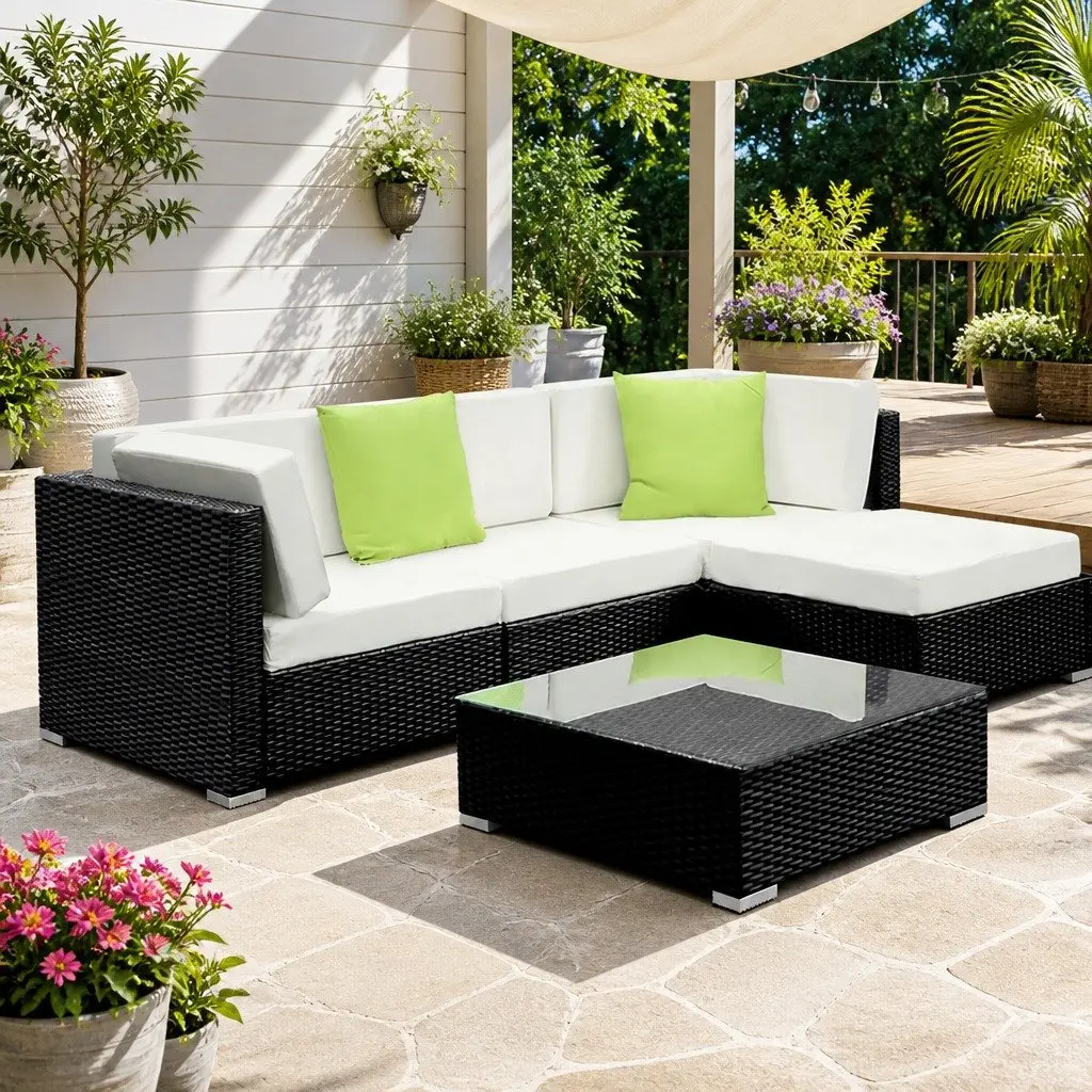 5 Piece Outdoor Sofa Set Wicker Lounge Couch Garden Furniture Black