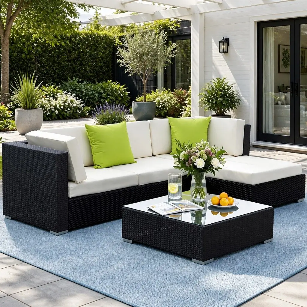 5-Piece Outdoor Wicker Sofa Set Black Couch Lounge Setting with Storage Cover