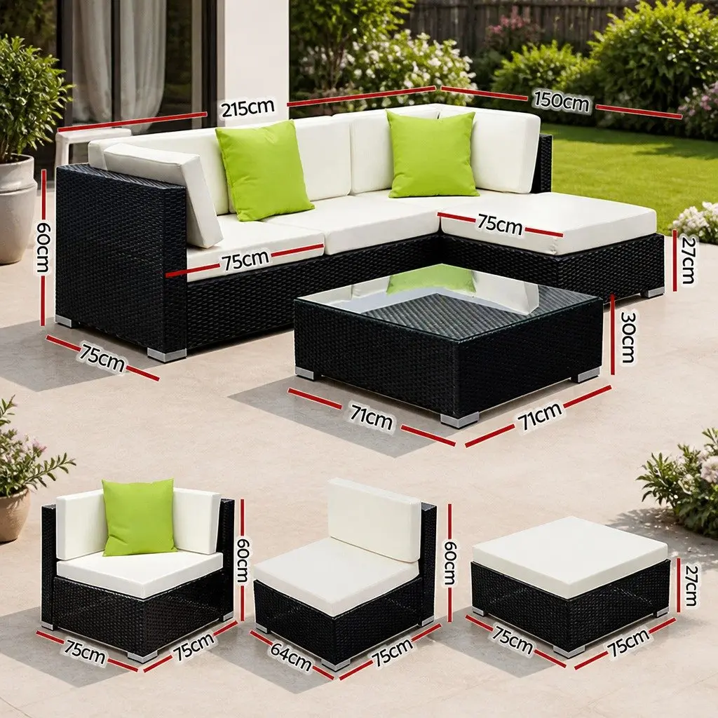 5-Piece Outdoor Wicker Sofa Set Black Couch Lounge Setting with Storage Cover