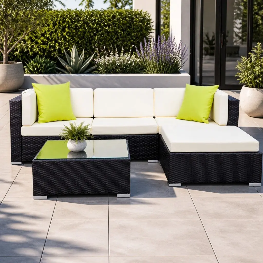 5-Piece Outdoor Wicker Sofa Set Black Couch Lounge Setting with Storage Cover