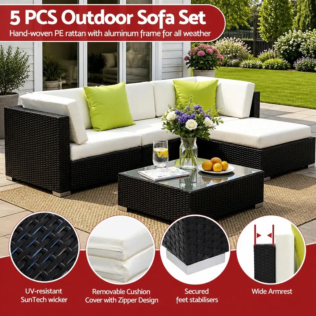 5-Piece Outdoor Wicker Sofa Set Black Couch Lounge Setting with Storage Cover