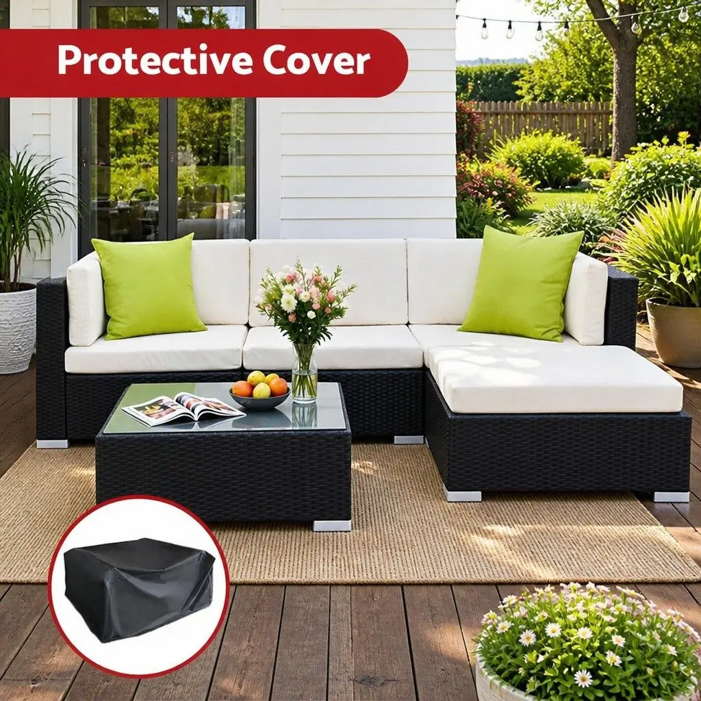 5-Piece Outdoor Wicker Sofa Set Black Couch Lounge Setting with Storage Cover