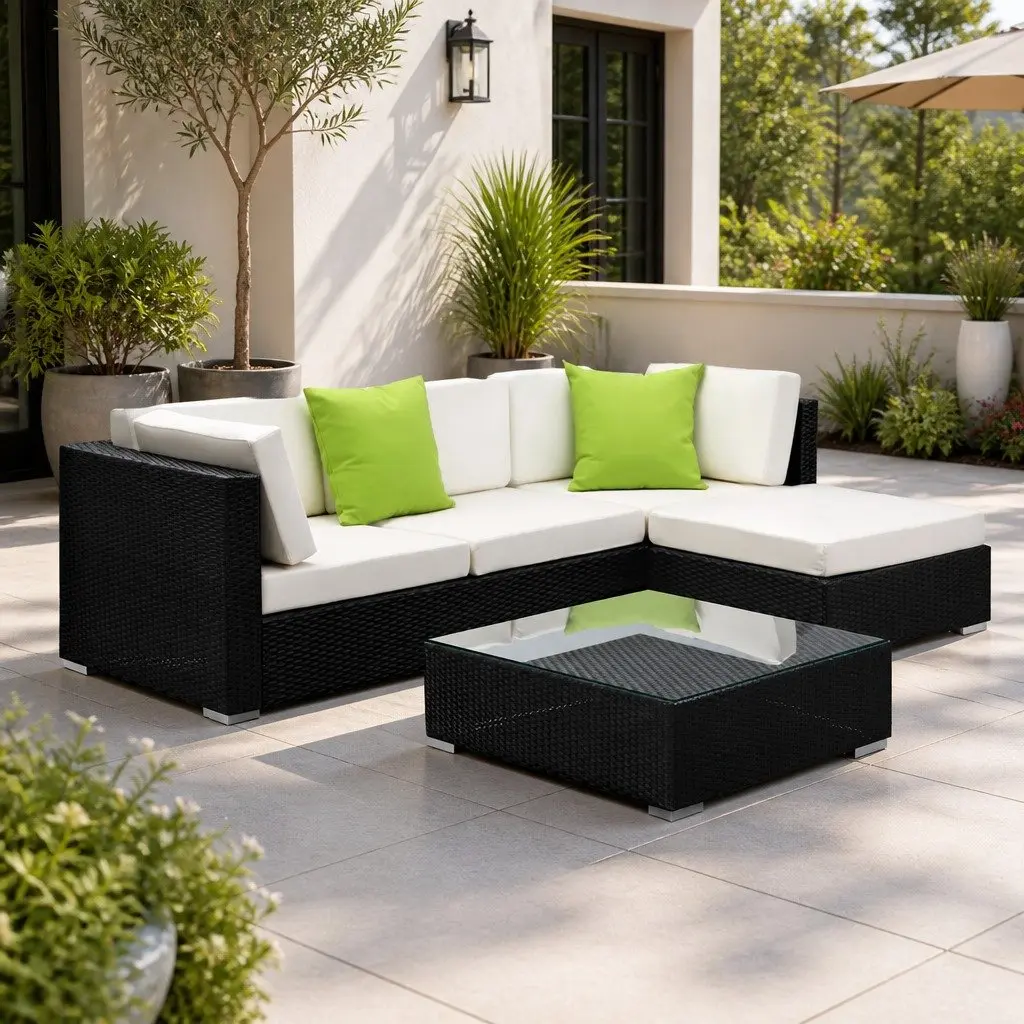 5-Piece Outdoor Wicker Sofa Set Black Couch Lounge Setting with Storage Cover