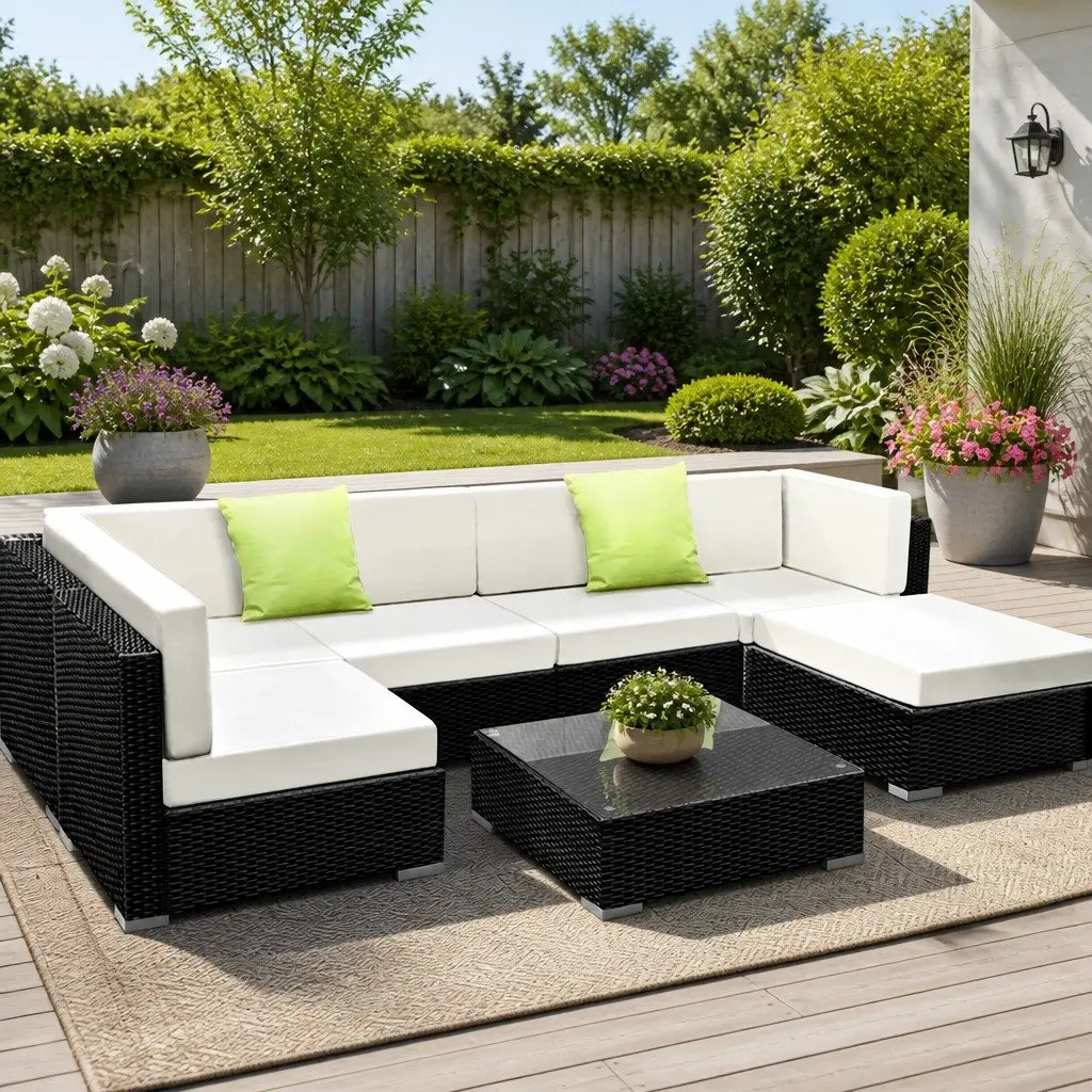 7-Piece Outdoor Sofa Set Wicker Lounge Couch 6 Seater Black Furniture Garden