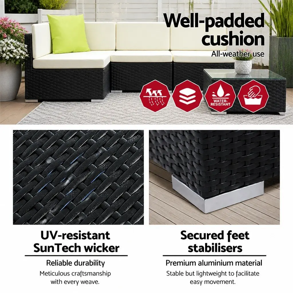 7-Piece Outdoor Sofa Set Wicker Lounge Couch 6 Seater Black Furniture Garden
