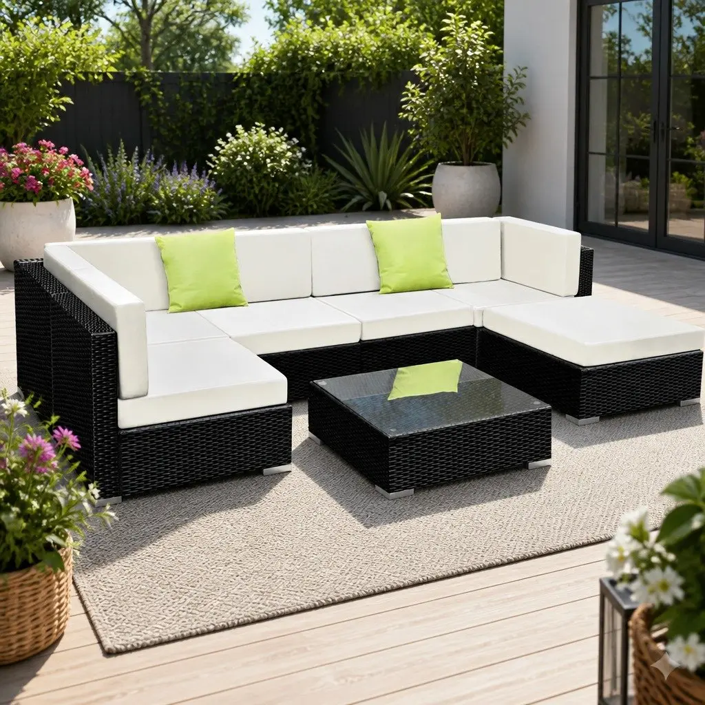 7-Piece Outdoor Sofa Set Wicker Lounge Couch 6 Seater Black Furniture Garden