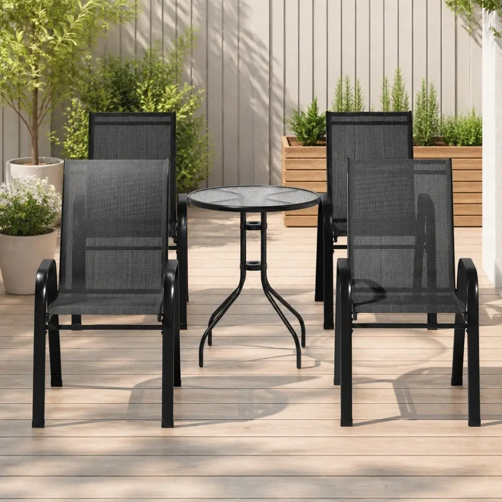 5PC Bistro Set Outdoor Stackable Chairs Table Black Tempered Glass Garden