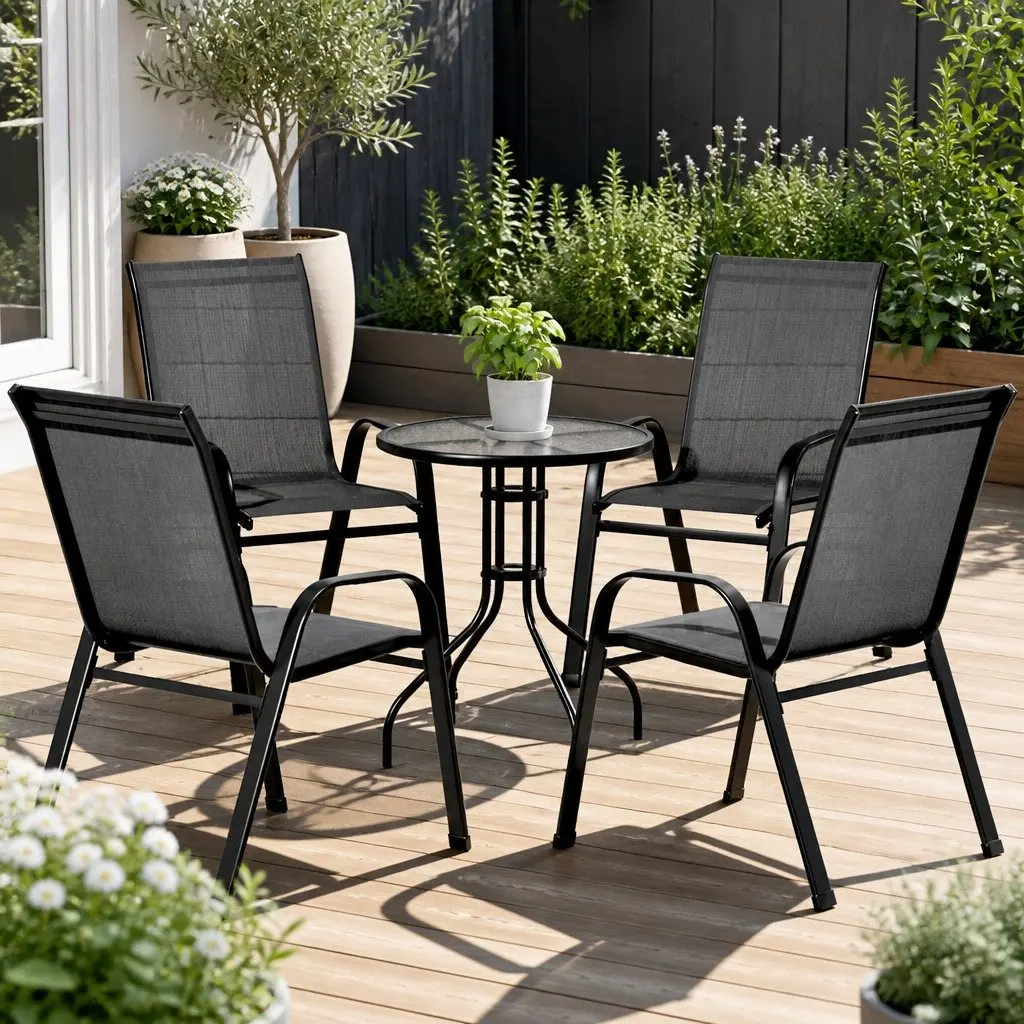5PC Bistro Set Outdoor Stackable Chairs Table Black Tempered Glass Garden