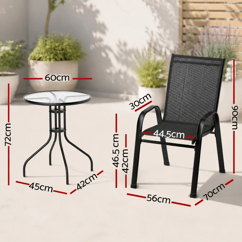 5PC Bistro Set Outdoor Stackable Chairs Table Black Tempered Glass Garden