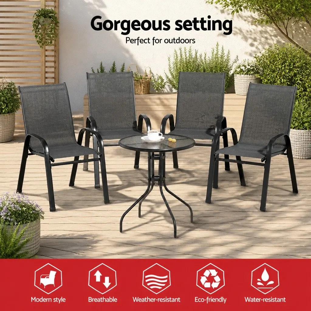5PC Bistro Set Outdoor Stackable Chairs Table Black Tempered Glass Garden