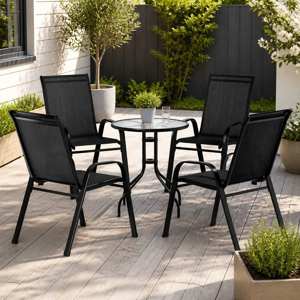 5PC Bistro Set Outdoor Stackable Chairs Table Black Tempered Glass Garden