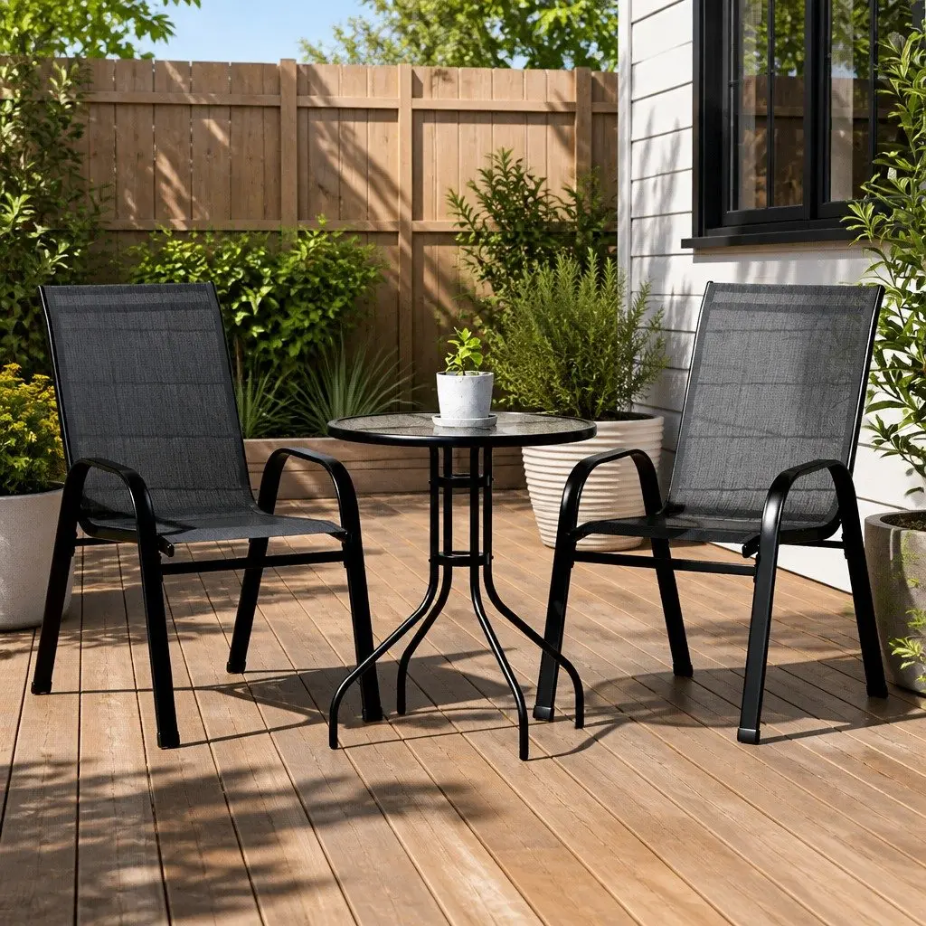 3 Piece Outdoor Bistro Set Patio Chairs Table Tempered Glass Black