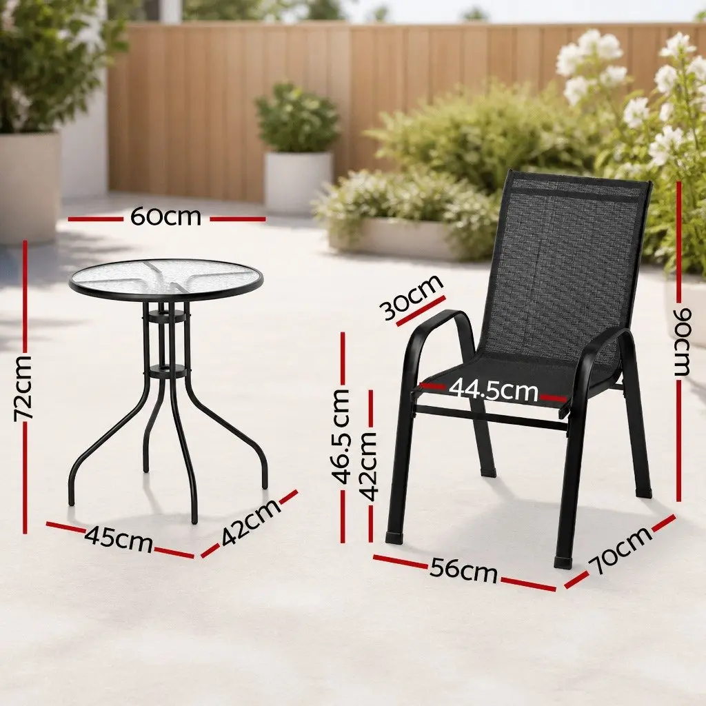 3 Piece Outdoor Bistro Set Patio Chairs Table Tempered Glass Black