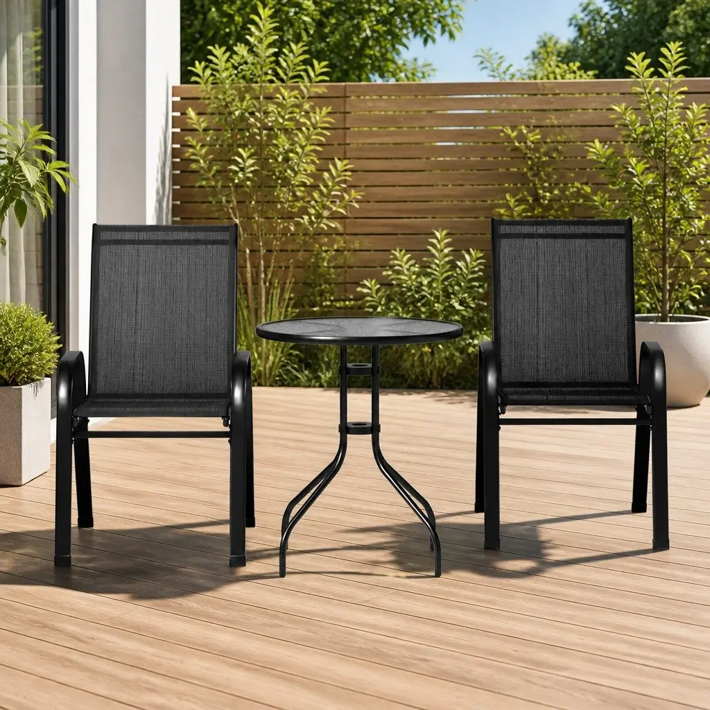 3 Piece Outdoor Bistro Set Patio Chairs Table Tempered Glass Black