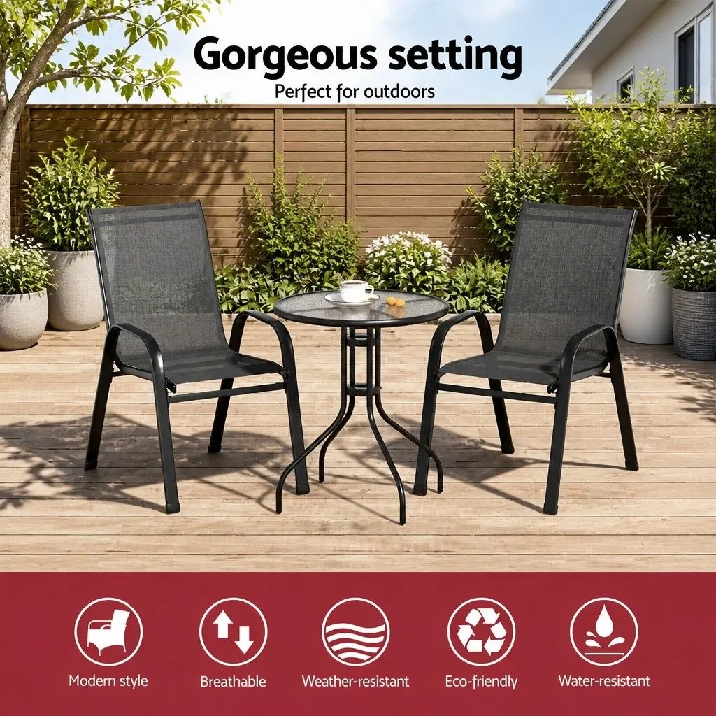 3 Piece Outdoor Bistro Set Patio Chairs Table Tempered Glass Black