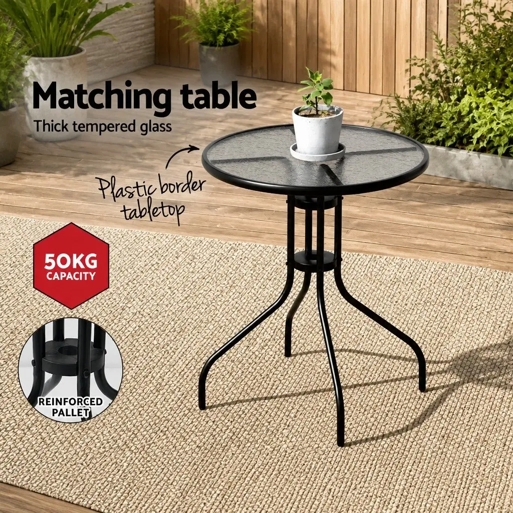 3 Piece Outdoor Bistro Set Patio Chairs Table Tempered Glass Black