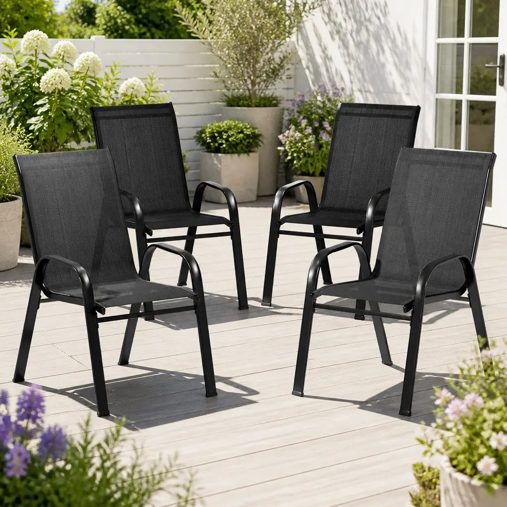 Stackable Outdoor Dining Chairs for Patio Garden 4 Piece Black Steel Frame