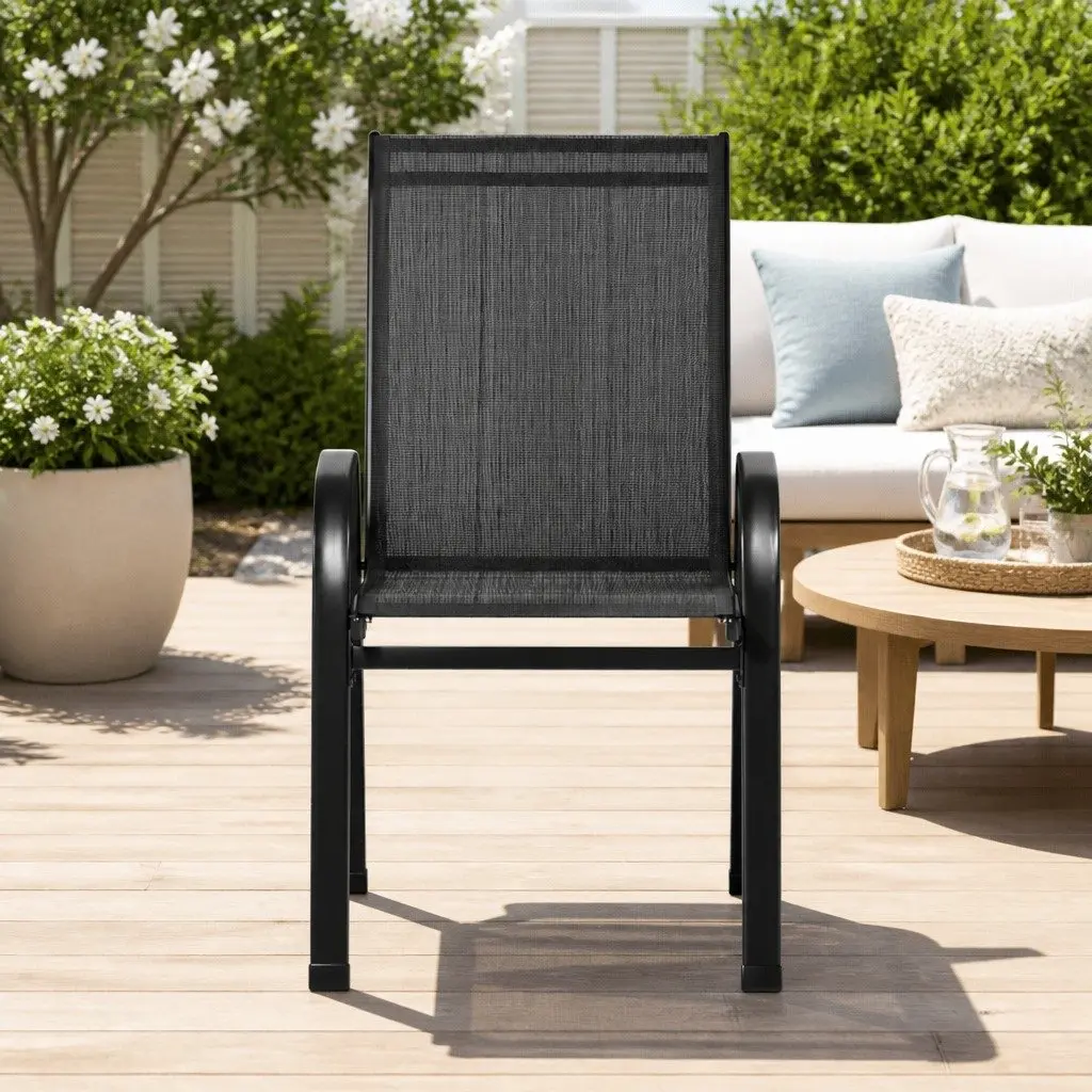 Stackable Outdoor Dining Chairs for Patio Garden 4 Piece Black Steel Frame