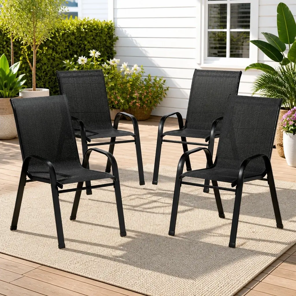 Stackable Outdoor Dining Chairs for Patio Garden 4 Piece Black Steel Frame