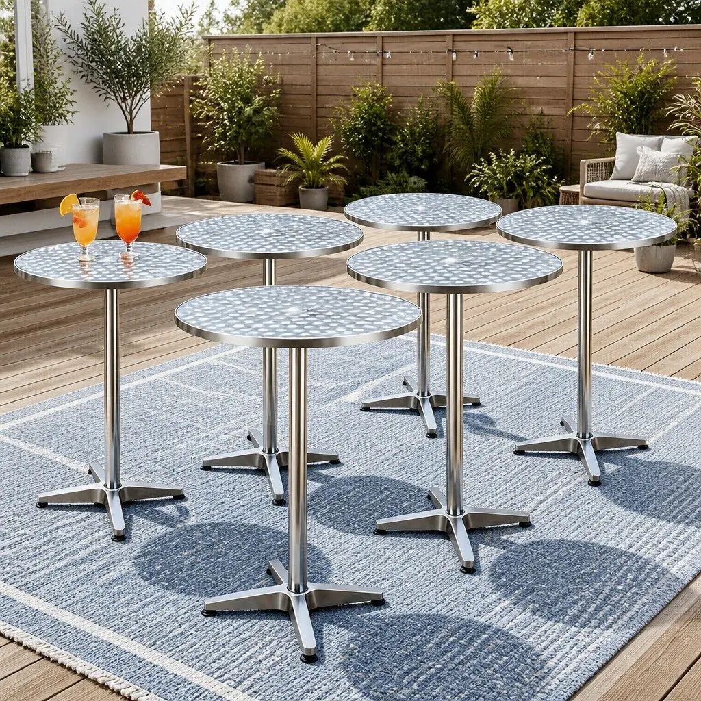 Round Outdoor Bar Tables Set of 6 Adjustable Height 70cm 110cm Foldable Patio Furniture