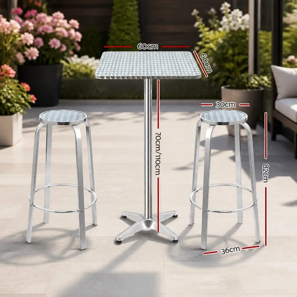 Height Adjustable Bistro Table with 2 Stools Outdoor Bar Set Contemporary Silver
