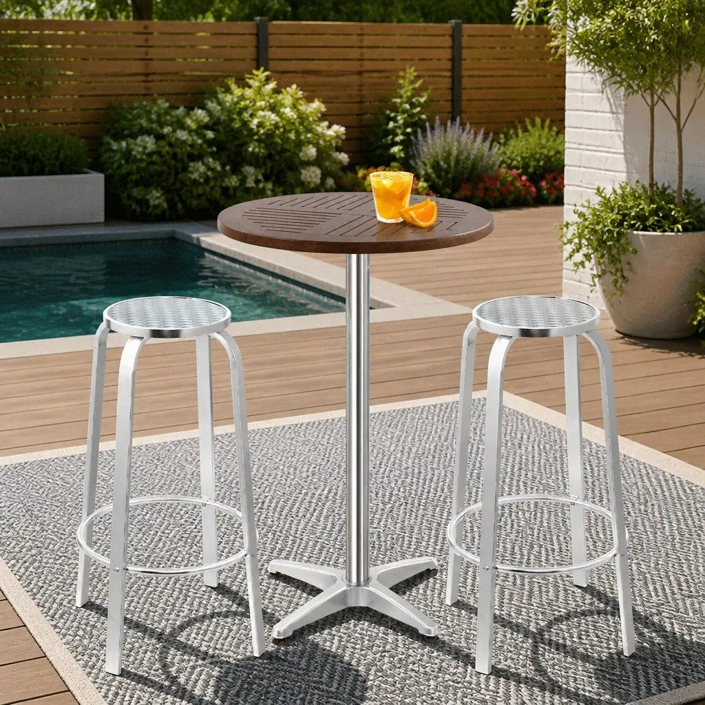 Height Adjustable Bistro Table with 2 Stools Outdoor Bar Set Contemporary Silver
