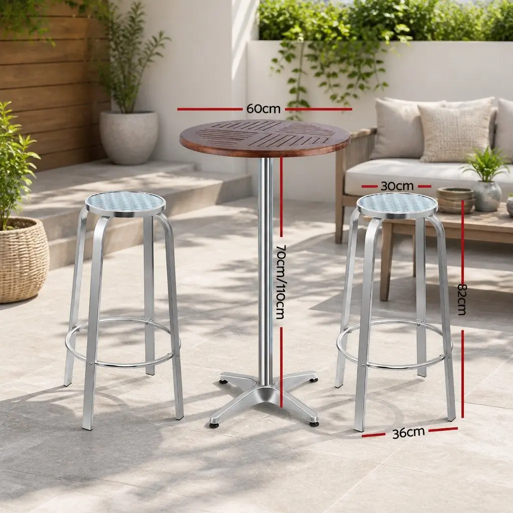 3-Piece Outdoor Bar Set with Adjustable Table and Stools Silver