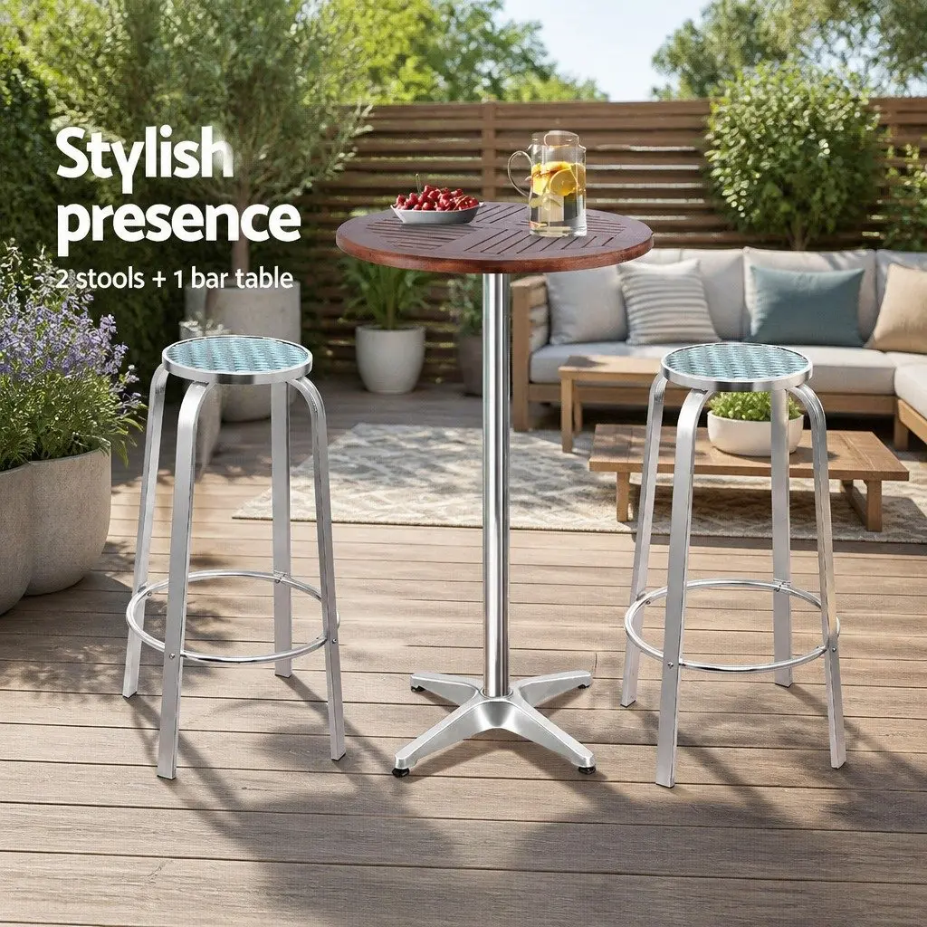 3-Piece Outdoor Bar Set with Adjustable Table and Stools Silver