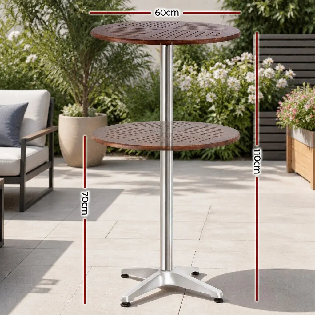 Outdoor Bar Table Round 60cm Hardwood Folding Adjustable Height Aluminium Pole