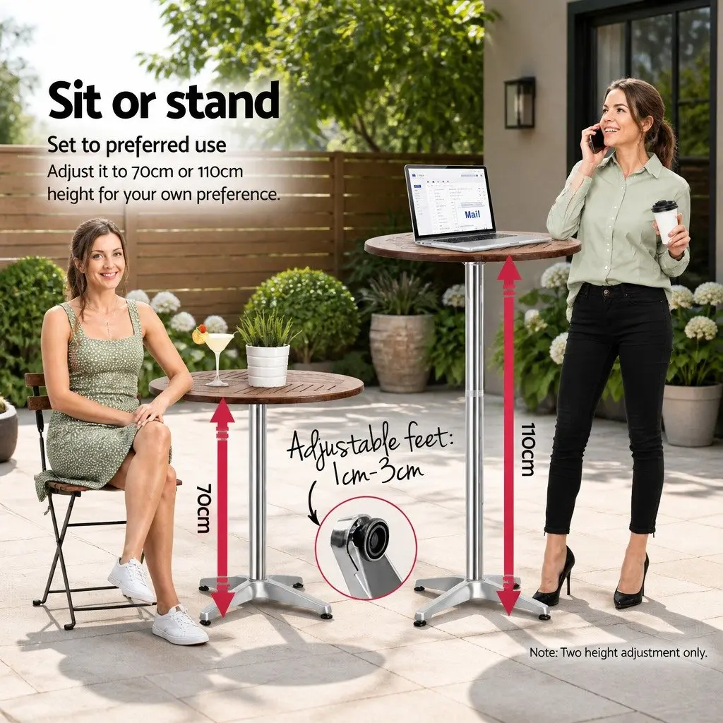 Outdoor Bar Table Round 60cm Hardwood Folding Adjustable Height Aluminium Pole
