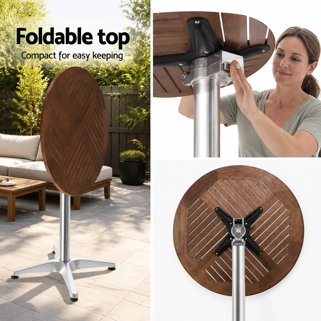 Outdoor Bar Table Round 60cm Hardwood Folding Adjustable Height Aluminium Pole