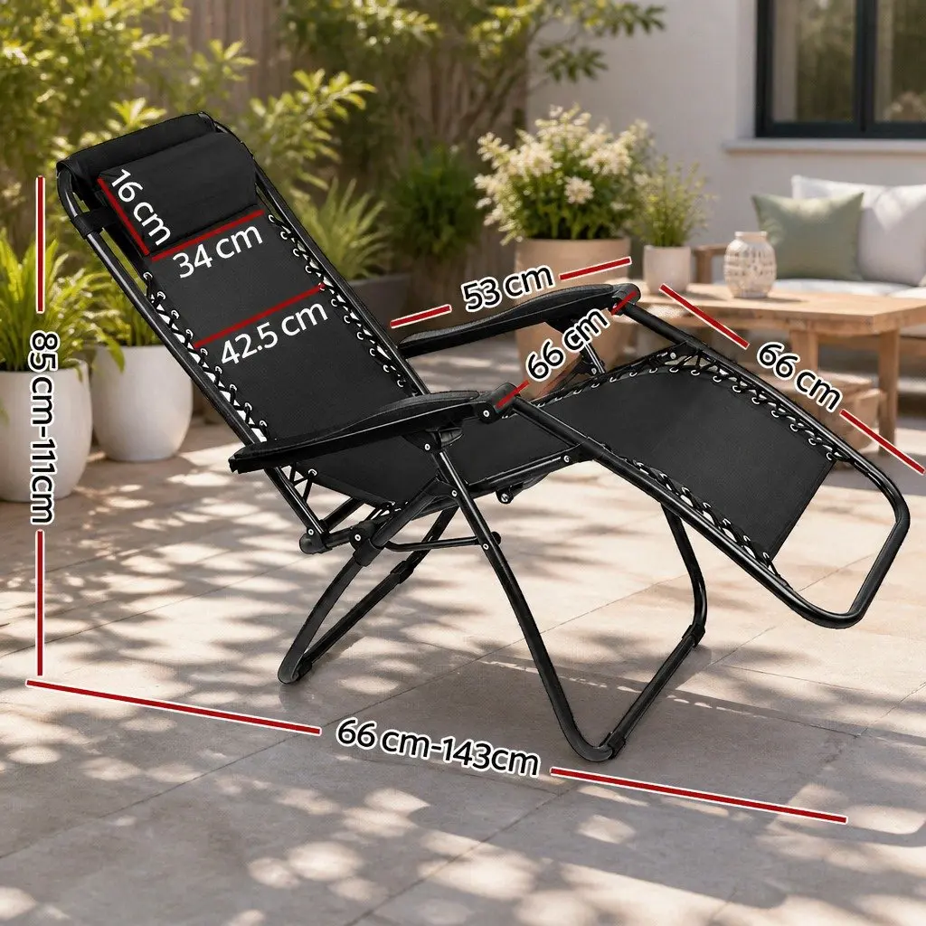 2PC Zero Gravity Reclining Chair Folding Outdoor Lounge Adjustable Camping Black