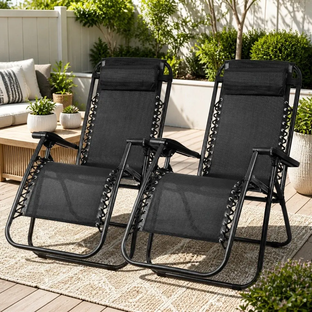 2PC Zero Gravity Reclining Chair Folding Outdoor Lounge Adjustable Camping Black