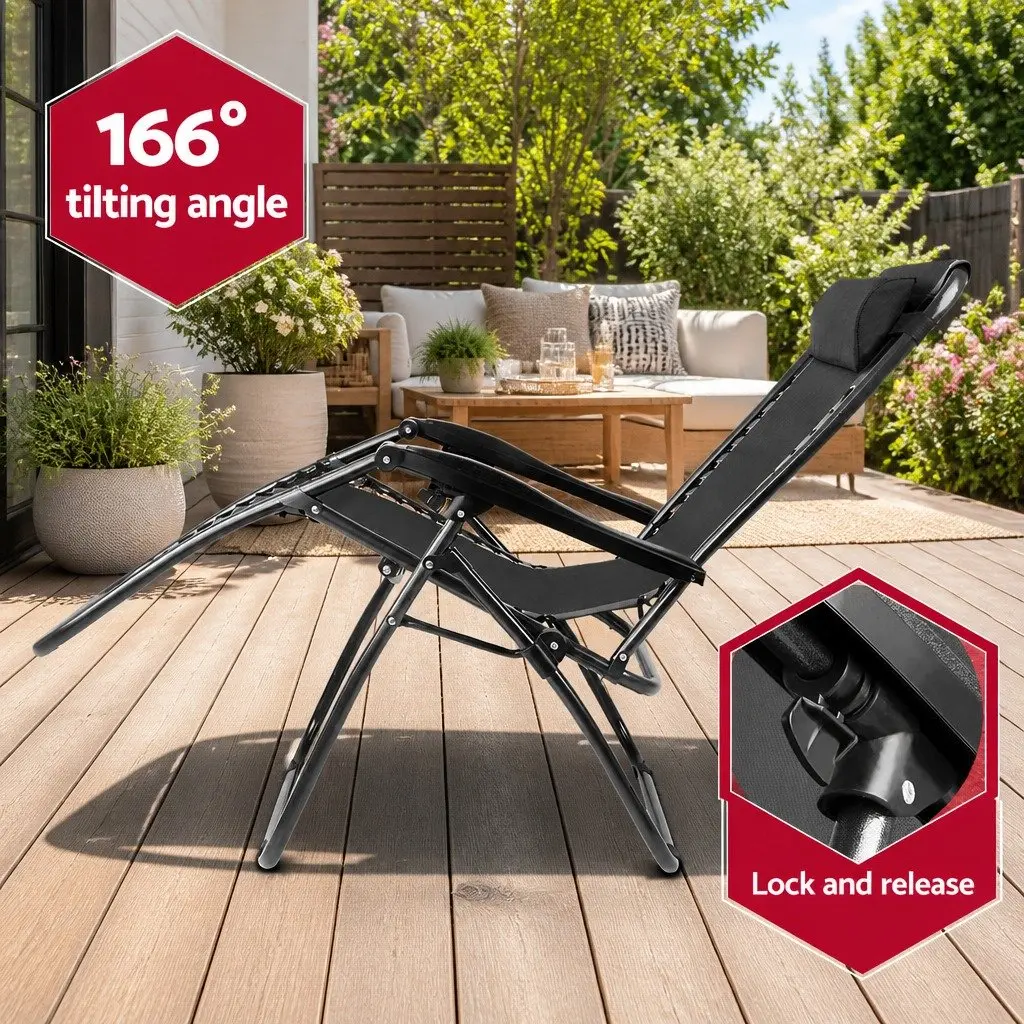 2PC Zero Gravity Reclining Chair Folding Outdoor Lounge Adjustable Camping Black