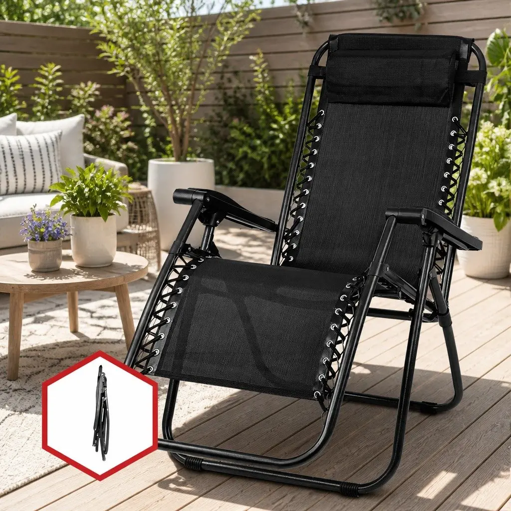2PC Zero Gravity Reclining Chair Folding Outdoor Lounge Adjustable Camping Black