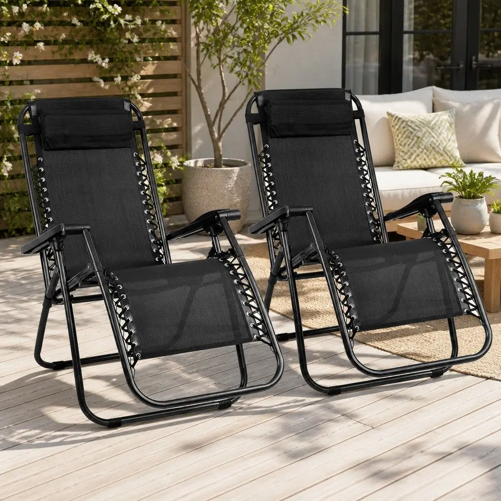 2PC Zero Gravity Reclining Chair Folding Outdoor Lounge Adjustable Camping Black