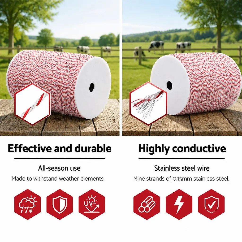 Electric Fence Poly Wire for Livestock Containment 2000M Red White